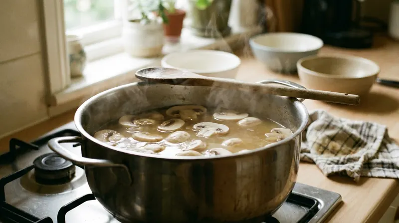 A pot of pale amber liquid simmering with slices of white mushroom and a wooden spoon on the rim