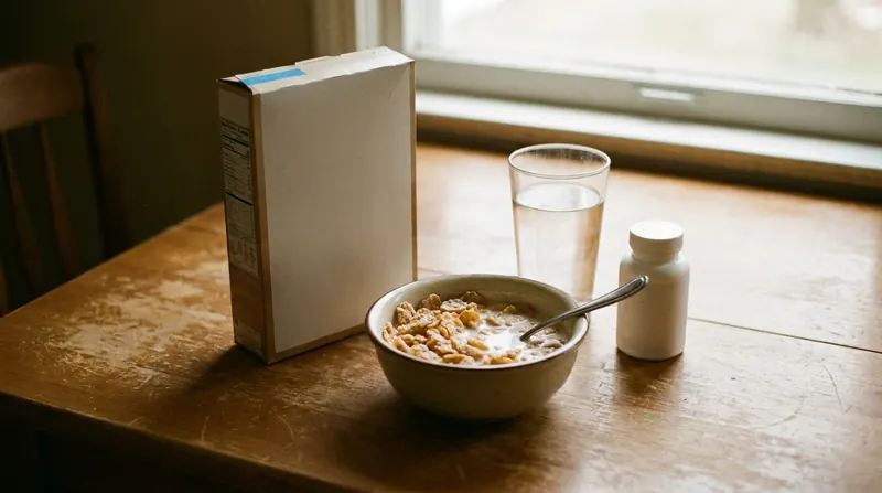 A bowl of frosted cereal beside its box, a glass of water and a small white bottle on a wooden table