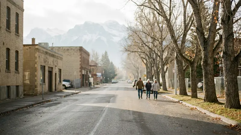 A quiet Calgary street at dawn with bare poplars and faint snow-capped mountains at the end