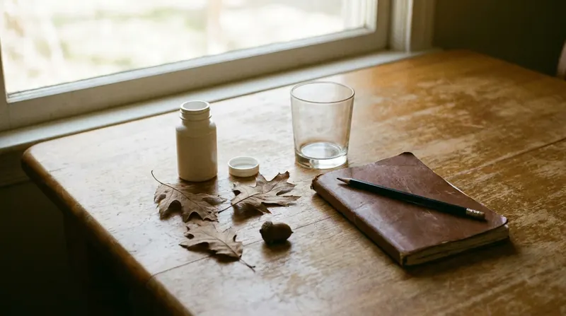 A wooden table with a small white bottle, an empty glass, oak leaves, an acorn and a closed notebook with a pencil