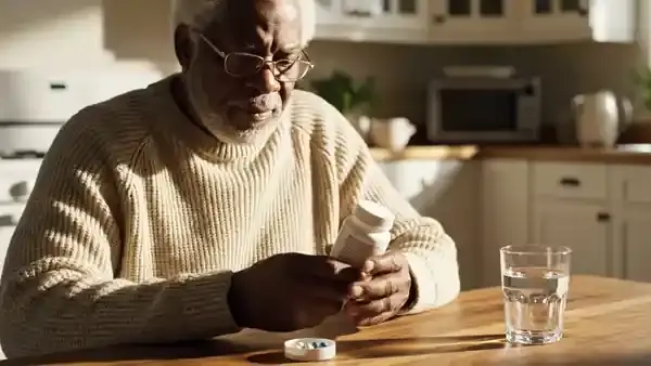 A man in his sixties reading the back label of a small white bottle at a kitchen table, then taking two capsules with water