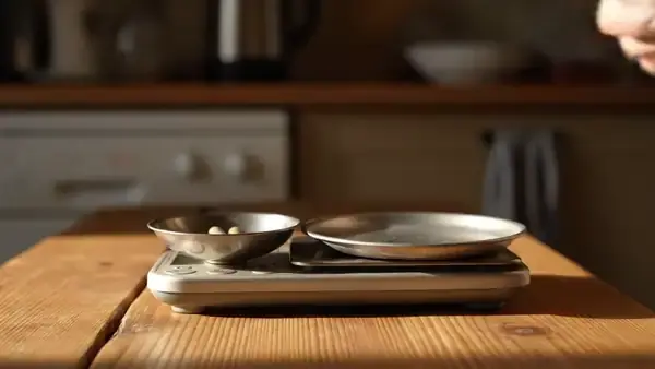 A man's hands setting two capsules on one side of a kitchen scale and a spoonful of dried mushroom slices on the other