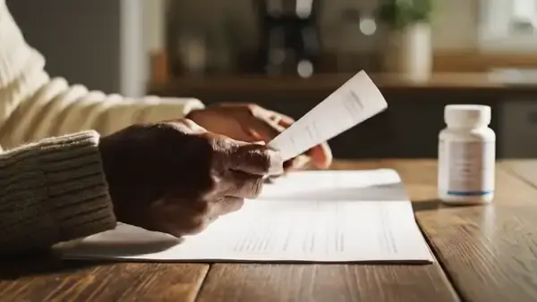 A man's hands comparing two printed pages side by side beside a small white bottle