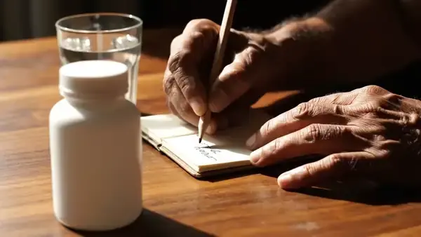 A man's hands writing a line in a small notebook beside a glass of water and a small white bottle